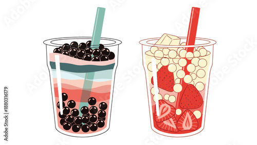 A delicious-looking illustration of two different bubble teas, one layered with tapioca and one with strawberry and milk.