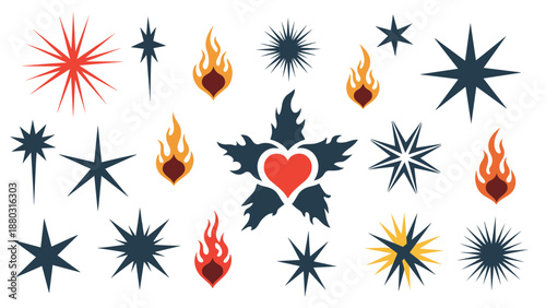 A mystical and edgy collection of celestial icons, including various star shapes, sacred flames, and a central winged heart emblem.