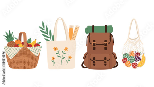 A versatile collection of four different bags for various activities: a picnic basket, a tote bag, a hiking backpack, and a mesh grocery bag.