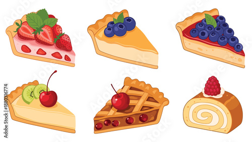 A delicious collection of various pie and cake slices, including strawberry, blueberry, cherry, and a swiss roll, on a white background.