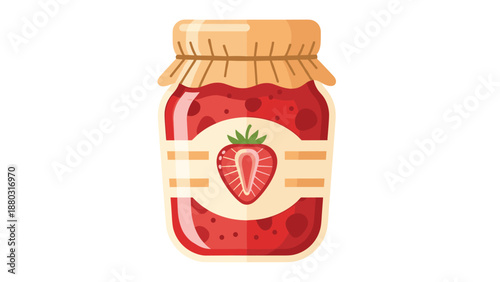 A charming flat design vector illustration of a glass jar of strawberry jam with a fabric cover, isolated on white background.