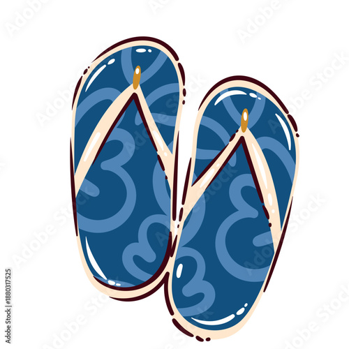 Pair of beach flip flops with simple decorative pattern, summer footwear icon, casual travel element, seaside vacation symbol, relaxed lifestyle accessory, cartoon vector illustration.