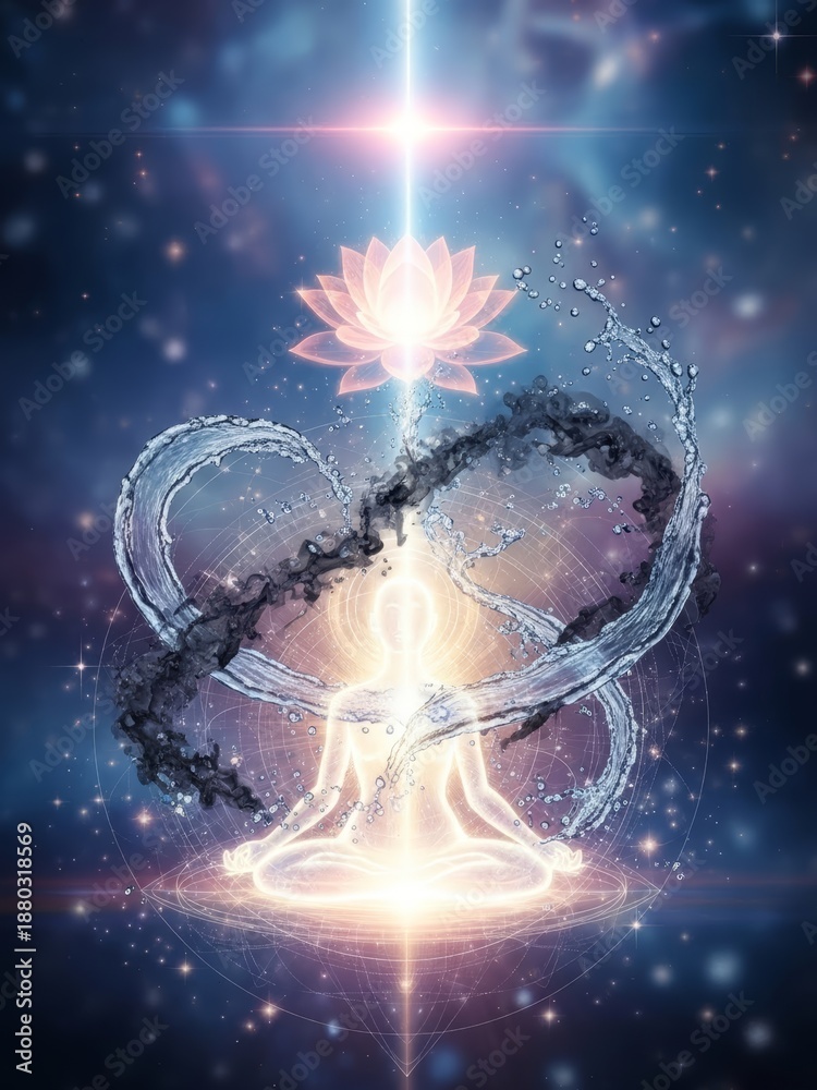 Fototapeta premium High-quality 3D digital art of a meditating soul with water swirls and pink lotus in starry space. Ideal for esoteric book covers, meditation guides, yoga studio branding, and spiritual wellness apps