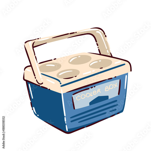 Portable cooler box with handle and lid, camping food storage container, travel picnic accessory, outdoor cooling equipment, hand drawn cartoon vector illustration.