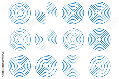 blue concentric ripple circles set. Sonar or sound wave rings collection. Epicentre, target, radar icon concept. Concentric circles set.