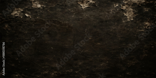Dark grunge wall background with aged vintage paper texture and rough dirty surface pattern featuring a black and gray antique backdrop
