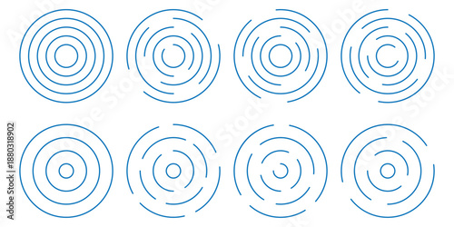 blue concentric circle ripple pattern on white background. Minimal radial lines with optical illusion, hypnotic and abstract target style design. epicentre, target, radar icon concept. Radial signal.