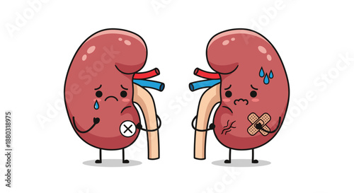 Pair of cute cartoon kidney characters showing sadness and distress with one crying and the other needing a medical bandage treatment.