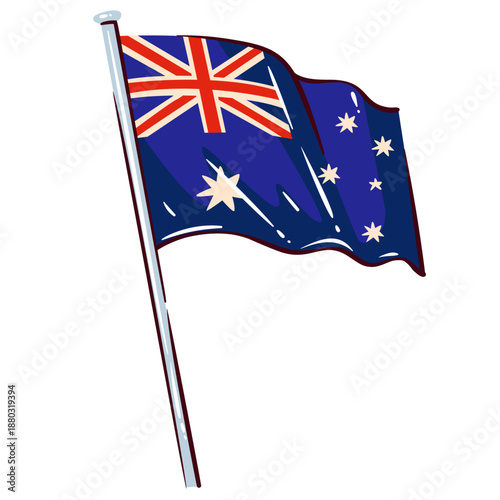 Australian national flag waving on pole with Union Jack and Southern Cross stars, country symbol, independence and identity concept, travel theme. Cartoon vector illustration.