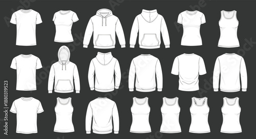 Collection of eighteen different blank white apparel templates including t-shirts, hoodies, sweatshirts, and tank tops on a dark background.