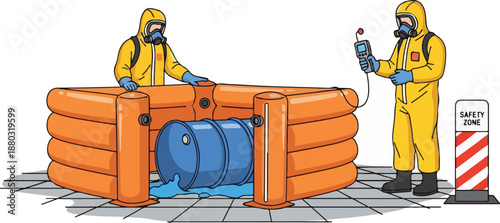 Hazardous material containment procedure being performed by workers in protective suits near a large orange barrier
