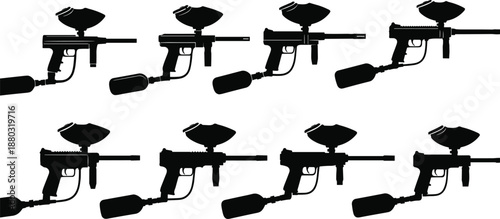Collection of paintball gun silhouettes with hoppers and CO2 tanks arranged in grid pattern for sports equipment illustration designCollection of paintball gun silhouettes with hoppers and 