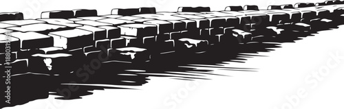 Black and white cityscape with many buildings and shadows