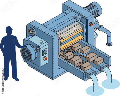 Detailed illustration of industrial machinery with person standing beside it, showcasing internal mechanisms and pipes