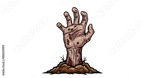 Horrifying zombie hand with rotten skin and wounds rising from a pile of dirt against a white background for scary halloween and horror themes.
