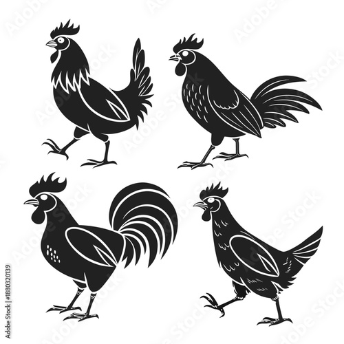 Rooster and chicken vector set, black and white poultry collection isolated on white background for farm logos and rustic branding.