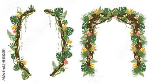 Lush tropical jungle archway decorated with exotic green leaves and colorful flowers like lilies for wedding and seasonal event decor backgrounds.