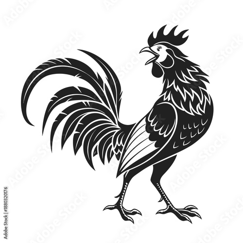 Rooster silhouette illustration for farm logo design, black and white crowing cockerel vector icon isolated on white background.