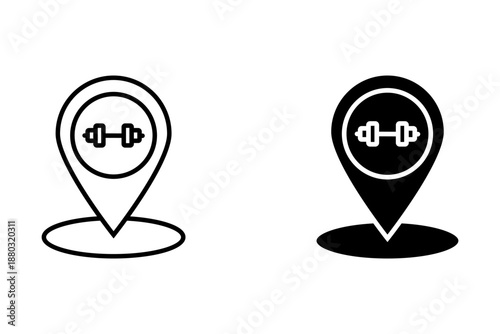 gym location map pointer, weight icon with location pin, black symbol isolated on white background, vector marker, fitness studio sign