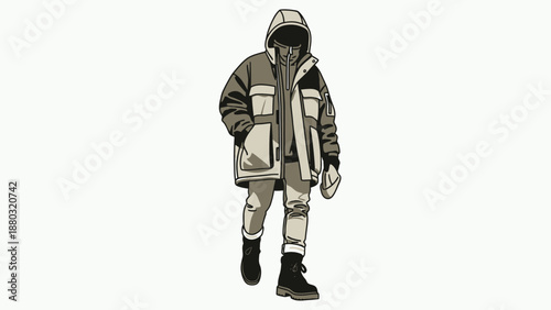 Stylish young man in modern winter clothing walking alone