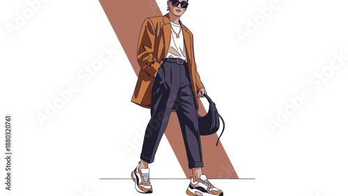 Stylish man in modern outfit with trendy accessories walking confidently
