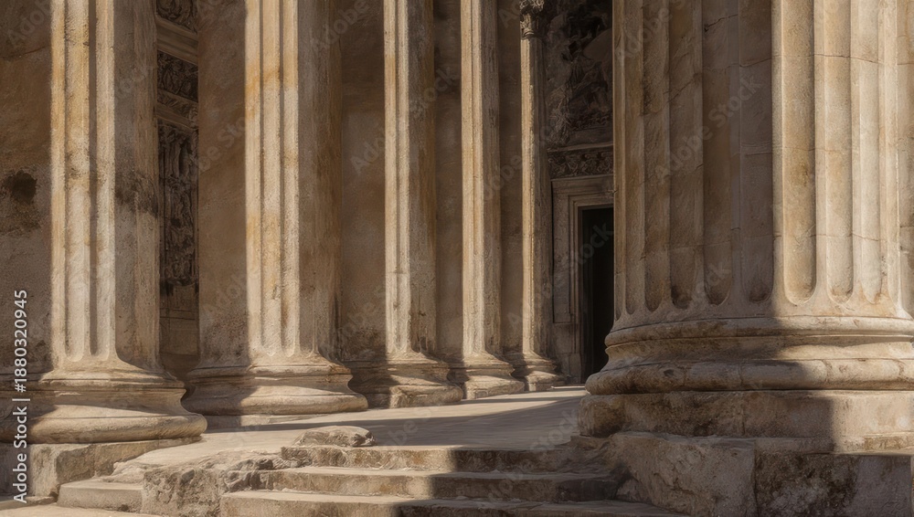 Obraz premium Ancient columns, sunlit hall, weathered stone