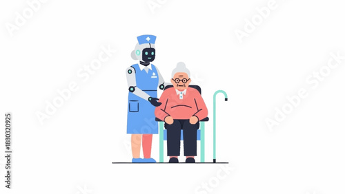 A robot nurse in uniform assists an elderly woman sitting in a wheelchair with a cane.