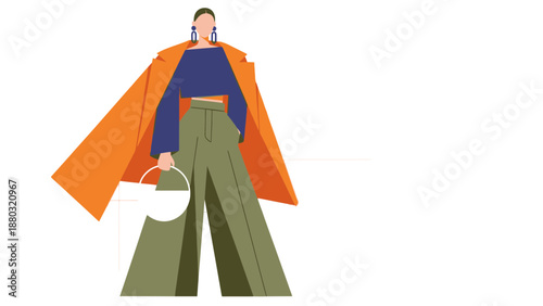 Stylish woman in modern outfit with orange coat and green pants