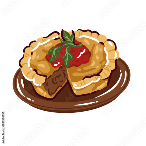 Surfboard standing on sandy beach with yellow striped deck, longboard shape, wooden texture, surf lifestyle symbol. Surfboard design with bold outlines, cartoon vector illustration.