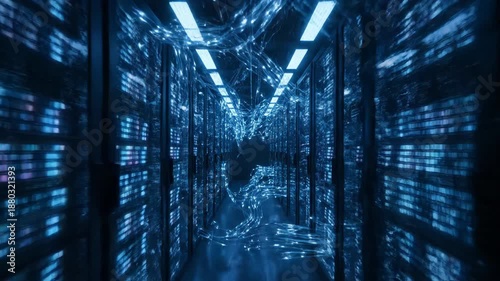 Data Center Server Room Footage, Cyber Technology, Blue Illuminated Server Racks, Dark Environment, Low Angle View