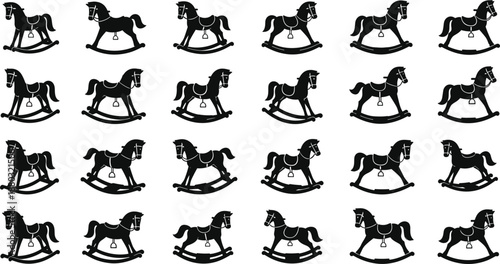 Black rocking horse icons grid pattern with one unique reversed direction symbol for visual puzzle, difference recognition, cognitive challenge design