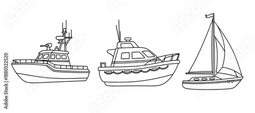 Three different types of boats, a fishing vessel, a motorboat, and a sailboat.