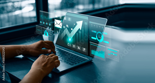 Tableau sur toile Business professional using laptop with virtual email marketing analytics dashbo