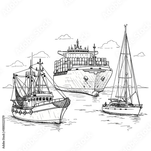 Line drawing of three different water vessels, a fishing boat, cargo ship, and sailboat, floating on the water.