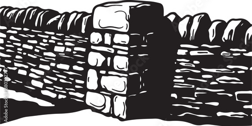 Black and white illustration of a stone wall corner