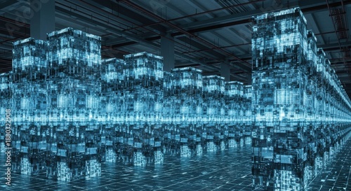 Illuminated digital data structures occupy a vast industrial storage environment