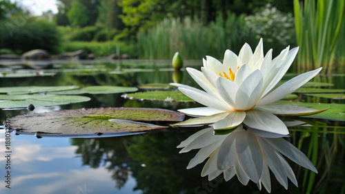 Fotografía Wide Angle View of a White Water Lily in a Lush Botanical Garden Pond
