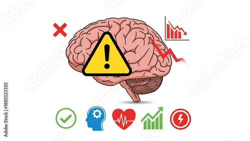Brain with warning sign and health icons on white background