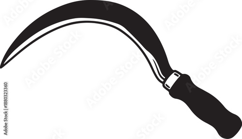 Black silhouette of a sickle with handle isolated white