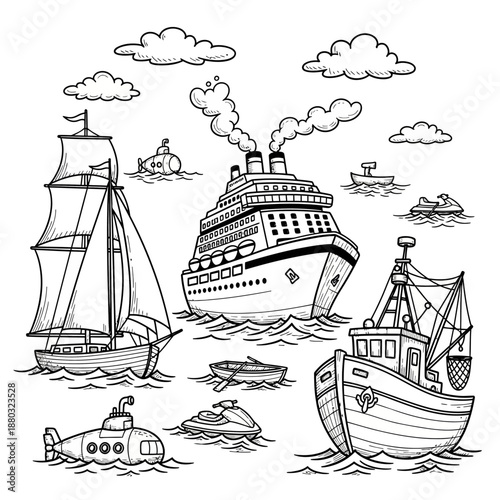 Black and white illustration of various watercraft sailing on the ocean with puffy clouds.