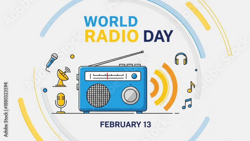 World radio day illustration with blue radio and audio equipment