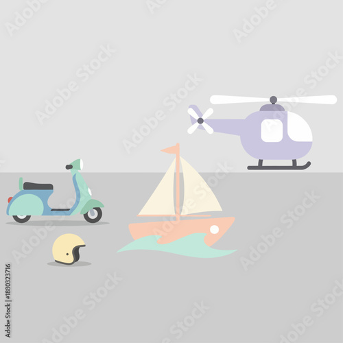 Sailboat, scooter, and helicopter in a serene coastal scene from a high vantage point, illustrating leisure activities