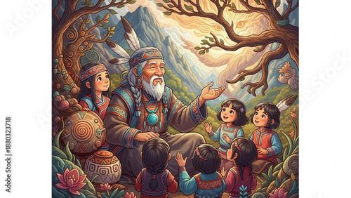 Elderly man telling stories to children in a forest with mountains