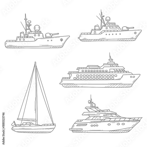 Various luxury marine vessels including yachts and ships illustrated in different styles and viewpoints on a clean background