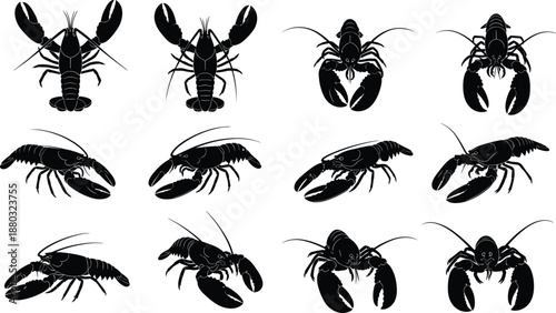 Black lobster silhouettes arranged in grid showing multiple poses and orientations for seafood anatomy, marine life, culinary, educational design reference