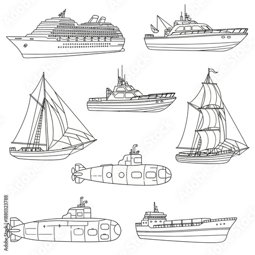 Various vessels including cruise ships, sailboats, and submarines illustrated in a collection of black and white line drawings from different viewpoints