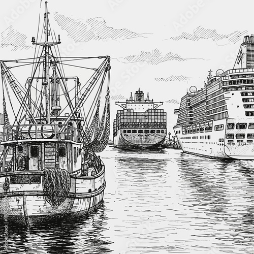 Boats docked in a serene harbor with calm waters and majestic cruise ships in the background viewed from a nearby vessel