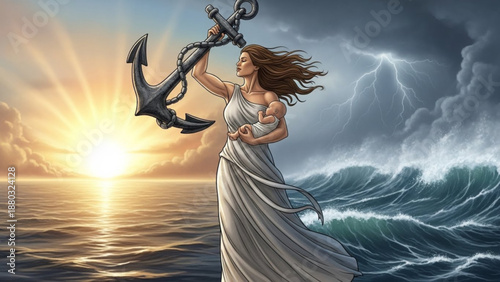 Woman holding anchor standing in ocean waves at sunset with stormy