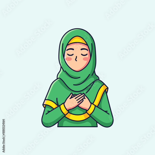 A serene cartoon illustration portrays a Muslim woman in a vibrant green hijab, with hands clasped over her chest, embodying peace and heartfelt devotion.