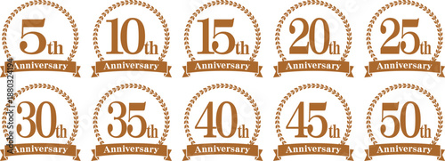 アニバーサリーのロゴ「5周年、10周年、15周年、20周年、25周年、30周年、35周年、40周年、45周年、50周年」
